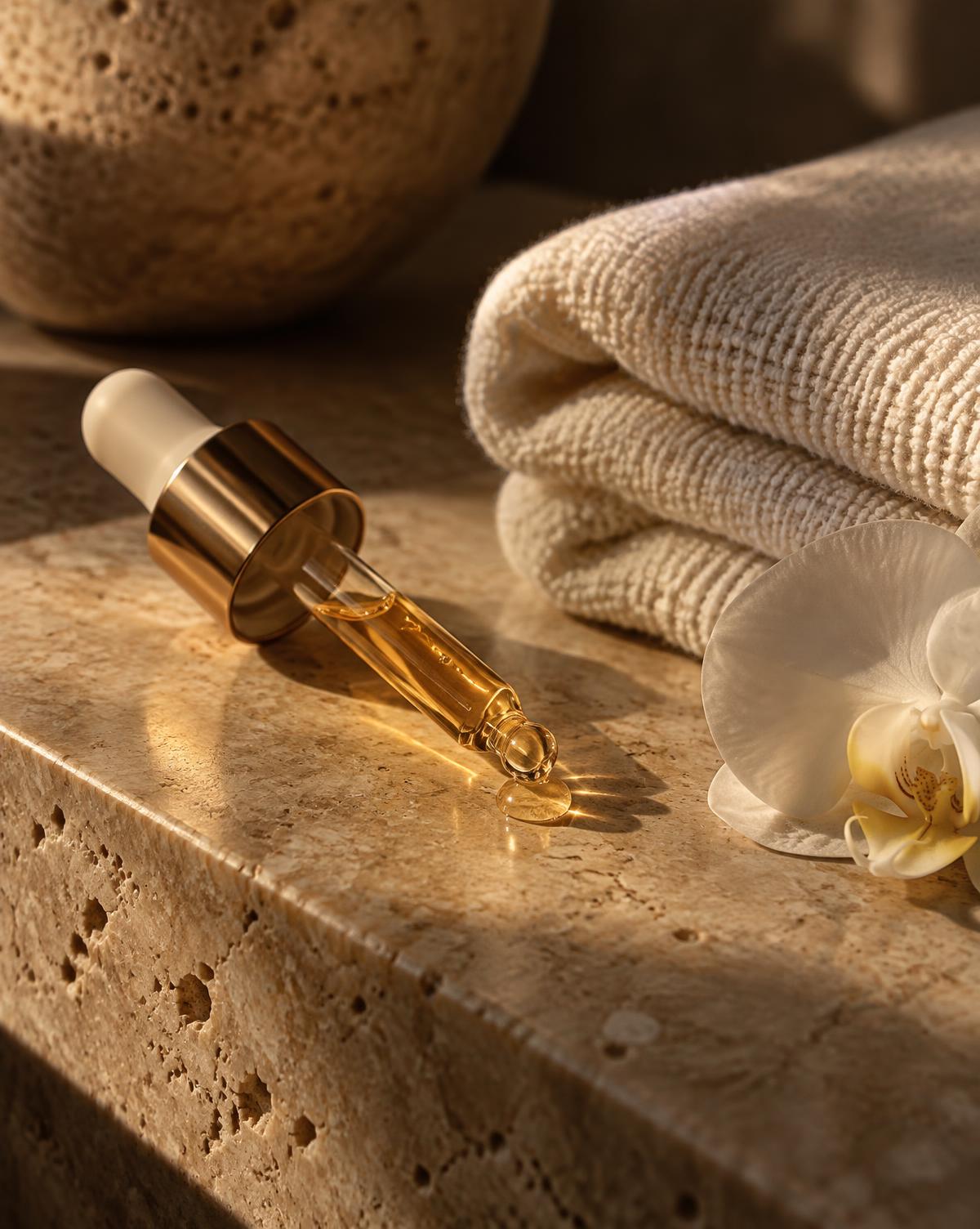 Facial serum, warm towels and an orchid on travertine stone